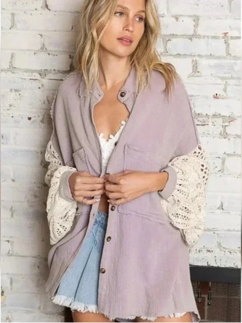 NWT POL Crochet Lantern Drop Sleeve Gauze Distressed Shacket Size Medium